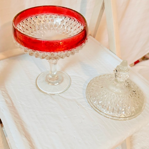 Vintage Indiana Glass Diamond Point Pedestal Candy Dish Ruby Band - Picture 5 of 5